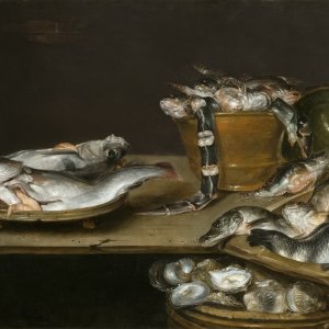 Картина Натюрморт с рыбой, устрицами и котом - Музей Прадо
