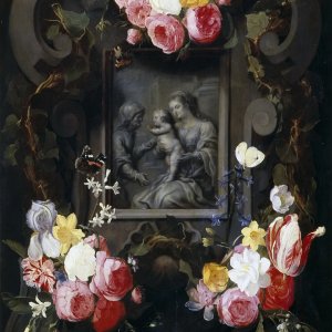 Картина Мадонна с младенцем со св Анной в картуше с цветами - Музей Прадо