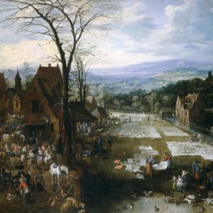 Картина Беление холстов близ рынка во Фландрии, 1620 - Музей Прадо