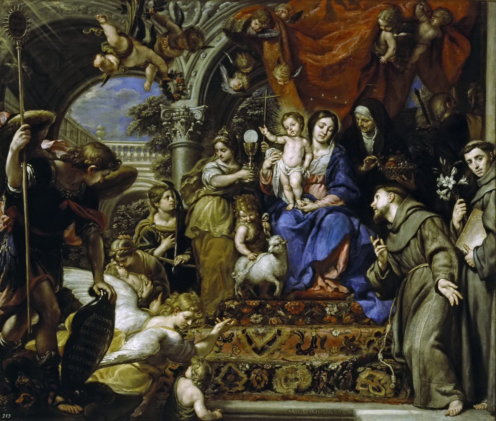 Картина Мадонна с Младенцем, окруженная христианскими Добродетелями и святыми, 1669 - Музей Прадо