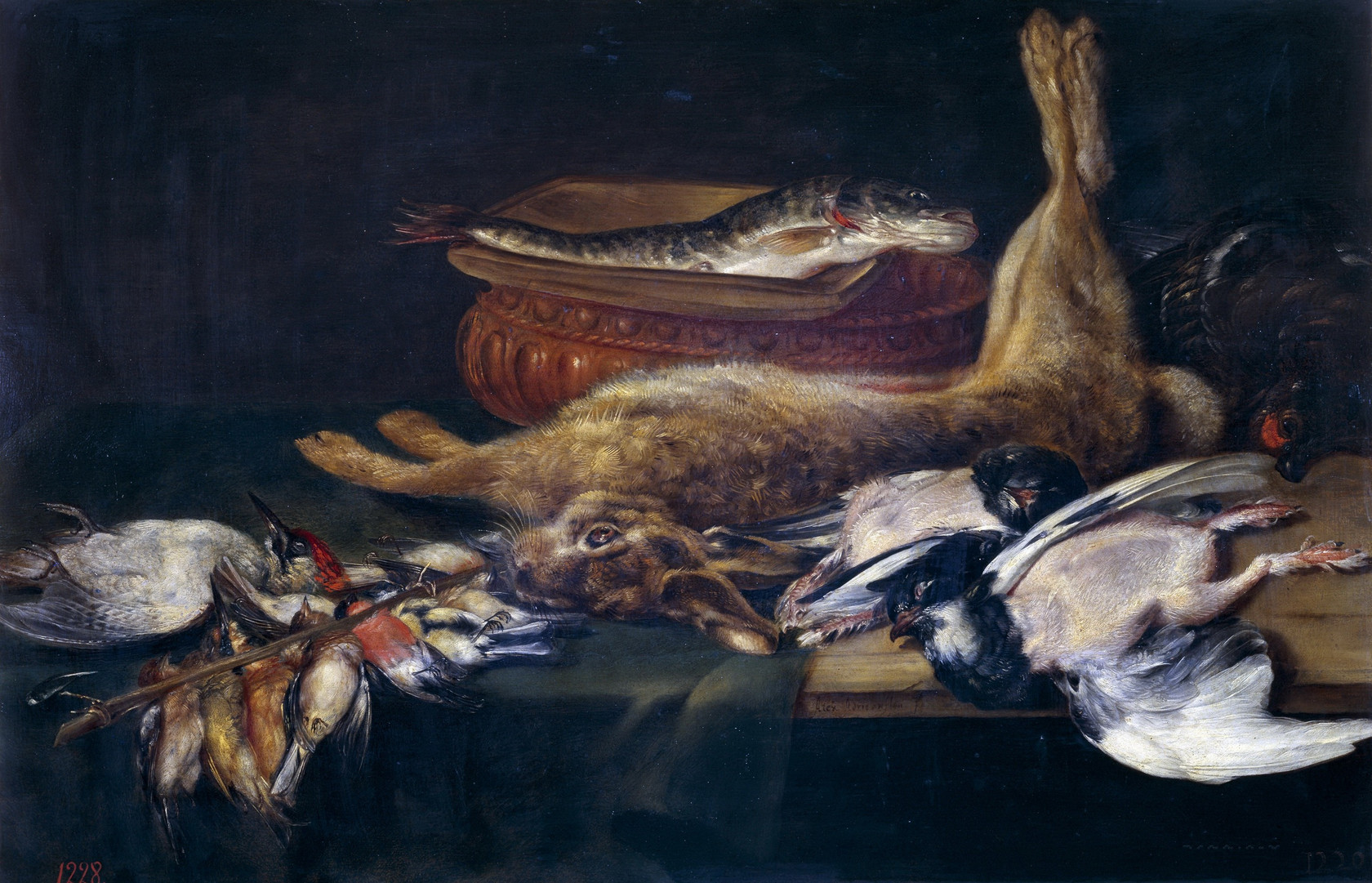 Картина - Натюрморт с зайцем, битой птицей и рыбой, 1616 - Музей Прадо