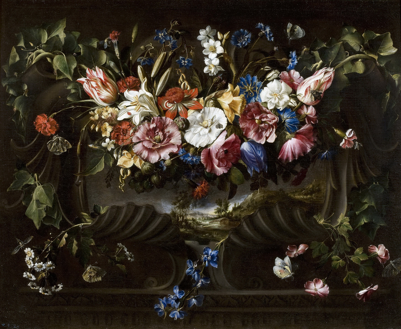 Картина №1 - Гирлянда из цветов на картуше с пейзажем, 1652