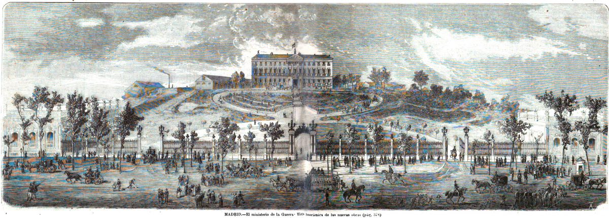 Вид на здание и его окрестности в 1872 году, когда оно служило штаб-квартирой военного министерства (испанская и американская иллюстрации).