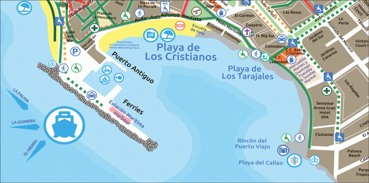 Пляж Плайя-де-Лос-Кристианос на карте - Тенерифе, Канарские острова, Испания