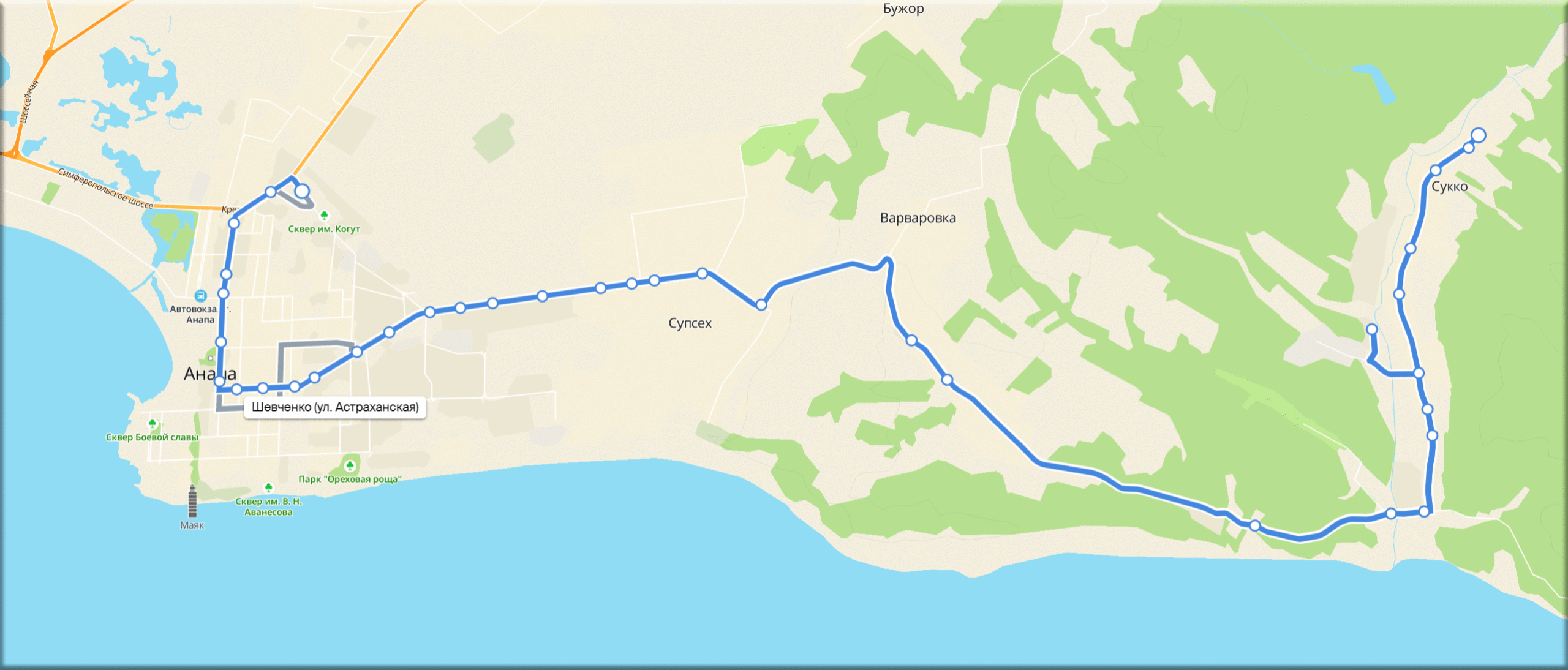 Анапское шоссе на карте