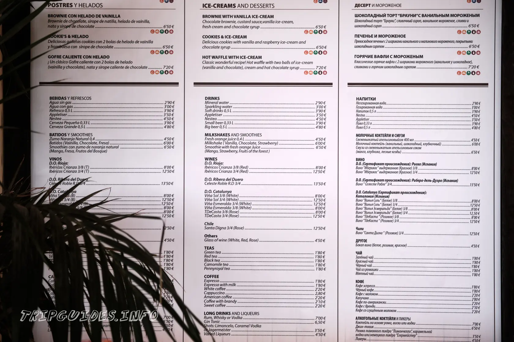 Парк Орлов (Jungle park) на Тенерифе - бар-ресторан прейскурант цен