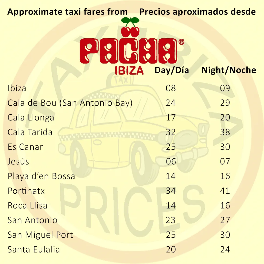 Тарифы такси на Ибице (Ивиса) из клуба Pacha