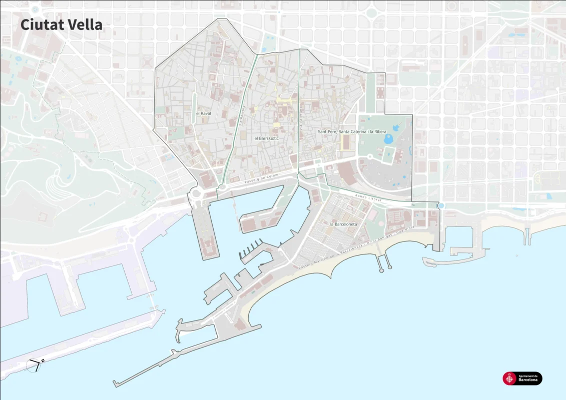 Карта - Сьютат Велья (Старый город - Ciutat Vella) район в Барселоне