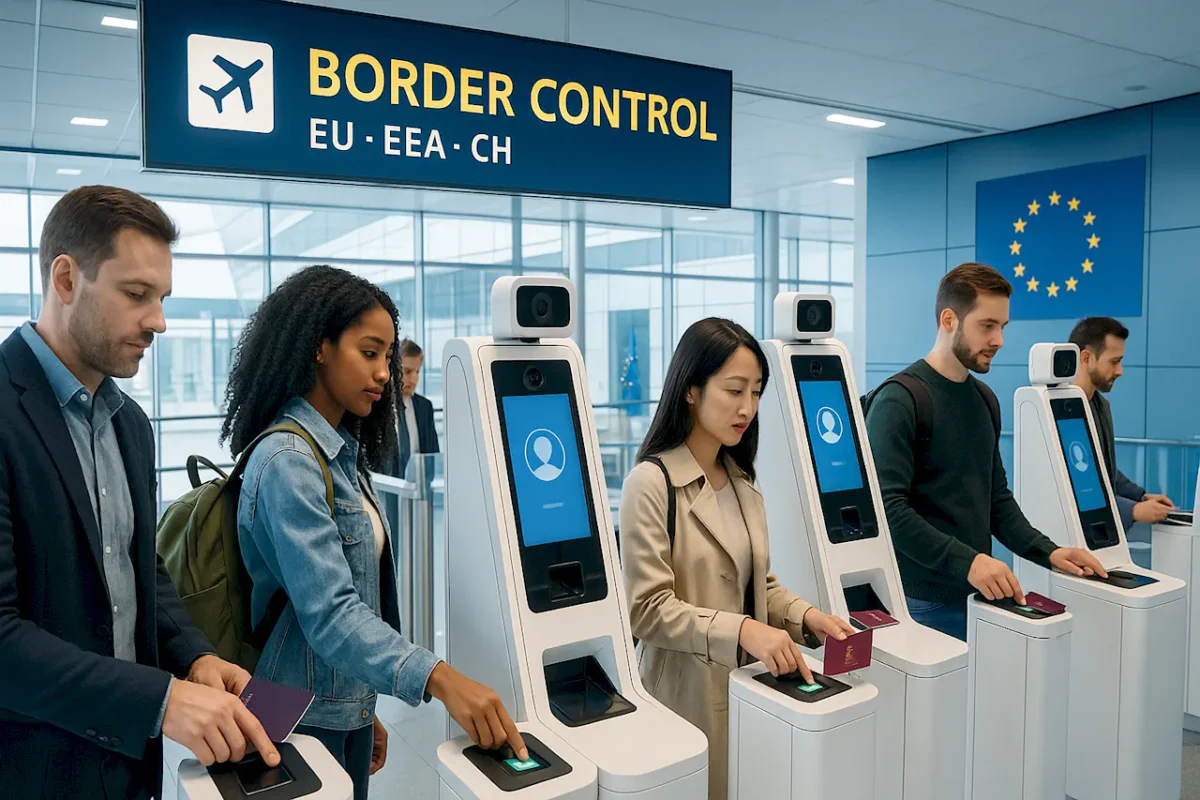 Автоматические терминалы биометрического контроля Entry Exit System в европейском аэропорту с путешественниками