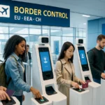 Автоматические терминалы биометрического контроля Entry Exit System в европейском аэропорту с путешественниками