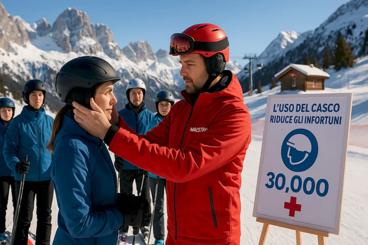 Обучение безопасному катанию и правильной подгонке горнолыжных шлемов в итальянской лыжной школе Альпы